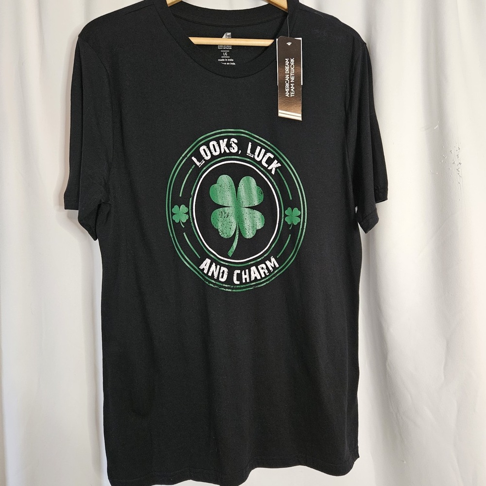 NWT Looks Luck & Charm T Shirt Size L‎ Black Shamrock St. Patrick's Day ADTN